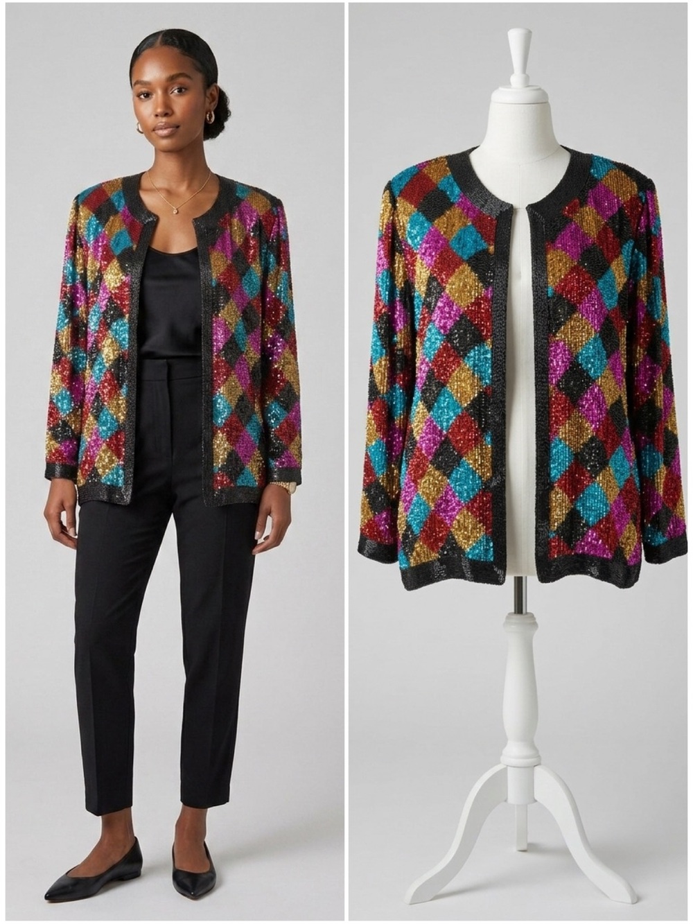 Scala Sequin Beaded Harlequin 100% Silk Jacket Vintage 90s Multicolored Size Med